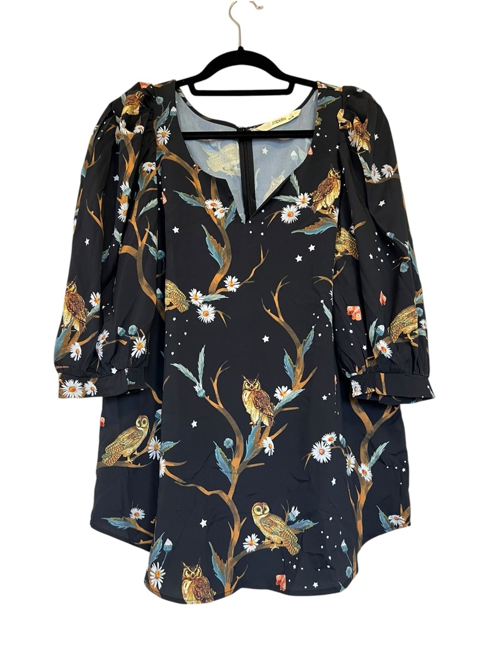 Zapelle Women’s XL Owl Flowy Puff Sleeve Black Witchy Fall Blouse